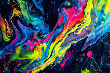 Vibrant neon abstract painting with colorful swirling patterns. A mesmerizing artwork on black background.