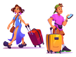 Man and woman travel with suitcase. Tourist people on vacation trip with luggage. Young character go abroad in summer holiday isolated icon set. Male passenger walk with phone and baggage design - obrazy, fototapety, plakaty