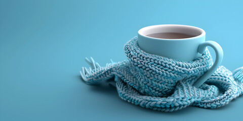   Enjoying a Cozy blue Coffee Cup wrapped in a Knit Scarf on Blue background for Blue Monday concept 

