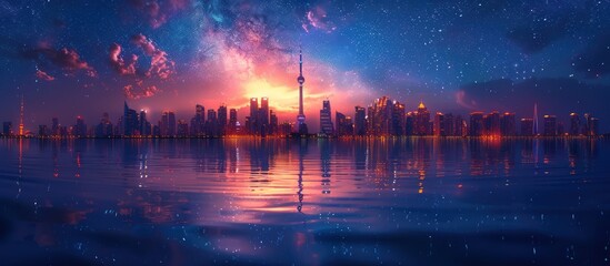 Futuristic panoramic view with night city skyline