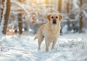 Majestic Labrador Retriever Standing in Snowy Winter Forest with Golden Sunlight
