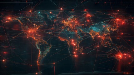 A 3D map of the world illuminated by lines representing internet connections, with areas flashing red to indicate active cyber attacks across the globe. 32k, full ultra hd, high resolution
