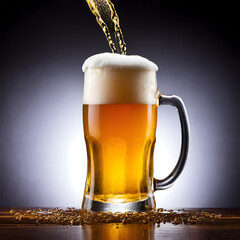 Cold draft beer with foam in a mug, mug of cold foamy beer close-up. 