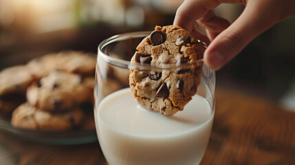 A shot of a hand dunking a chocolate chip cookie into a glass of milk, capturing the moment of...