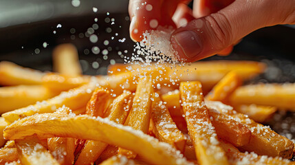 A close-up of a hand sprinkling salt on golden french fries freshly out of the fryer