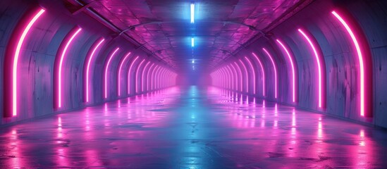 Futuristic tunnel with purple neon lights. 3d rendering background