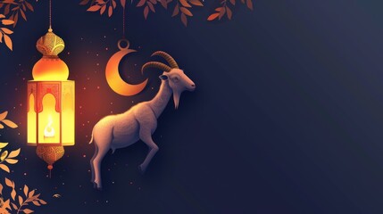 Sheeps on chains and crescent, Eid al-Adha muslim calligraphy. Ul-adha holiday or Festival of Sacrifice greeting card with moon and stars. Idul Adha festive. Quran celebration and arab religious sign