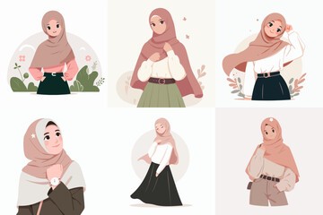 collection of cute hijab women. fashion style concept. flat vector illustration