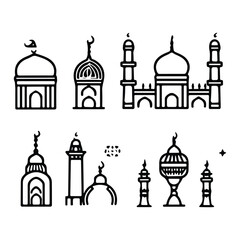 Islamic icons, such as mosque, quran, carpet, ramadan and more.