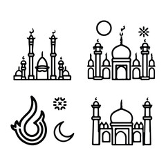 Islamic icons, such as mosque, quran, carpet, ramadan and more.