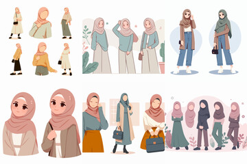 group of hijab women in different poses and style. fashion concept. flat vector illustration