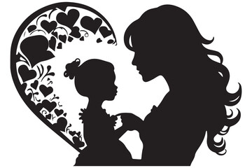 silhouettes of a young woman with a baby and hearts on a background