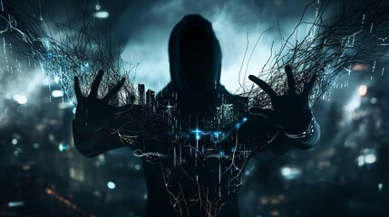 A shadowy digital figure manipulating streams of data with its fingertips, causing chaos in the virtual city below, representing the unseen threat of hackers. 32k, full ultra hd, high resolution