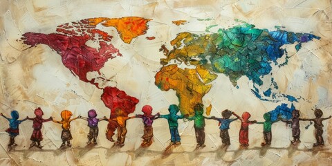 Painting of children of different colors holding hands around the world