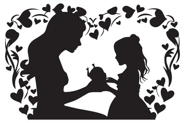 silhouettes of a young woman with a baby and hearts on a background