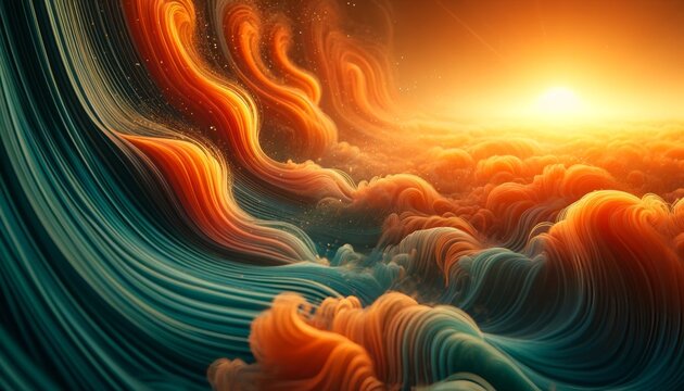 An intimate detail of an orange and teal wave pattern with a particle mist, suggestive of a sunset over the ocean.