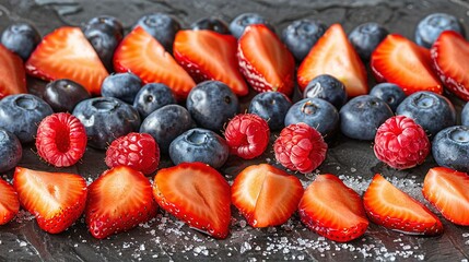   Strawberries, blueberries, and raspberries are neatly lined up on a dark background