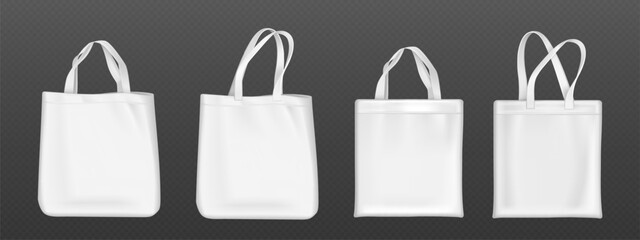 White blank tote bag mockup. Realistic 3d vector illustration set of fabric canvas eco pouch for shopping. Template of cotton cloth reusable shopper with handle. Handbag from ecological material.