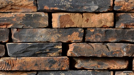   A close-up image of a brick wall, composed of various brick types and sporting a moderate layer of rust