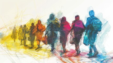 An abstract painting of a group of people walking in a line, carrying bags and wearing colorful clothing.