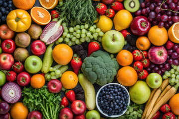 Different colorful fruits and vegetables all over the table in full frame studio shot
