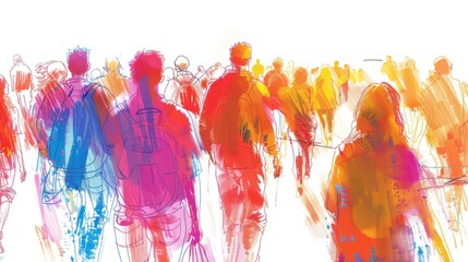 A watercolor painting of a crowd of people walking away from the viewer.