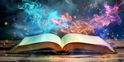 Magic book in dark room with glowing sphere Fantasy concept 3 D Rendering with dark background