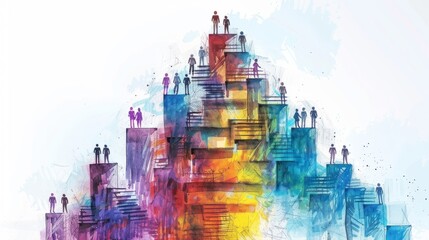 watercolor painting of people climbing to the top of a mountain of blocks