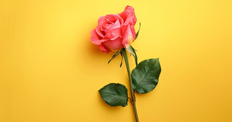 Single pink rose on yellow background