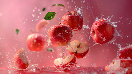 Fresh apples with splashing water on red background