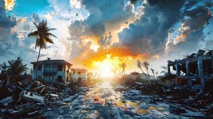 Watercolor Depiction of Hurricane Aftermath and Rebuilding Amidst the Ruins