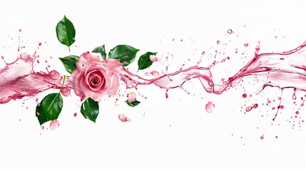 Splashing rose dynamics on white background
