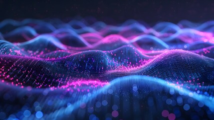 3D render of an abstract glowing neon wave background with bokeh 