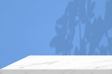 White Marble Table Corner with Light Beam, Shadow, and Spotlight on the Blue Concrete Wall...