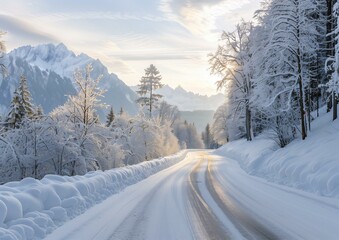 Winter Wonderland Scenic Road with Snow-Covered Trees and Mountain Range at Sunrise