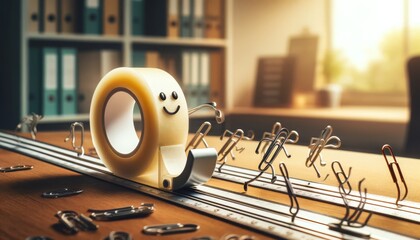 A tape dispenser with a friendly face, racing along a ruler 'track' against a team of paper clips on a desk.