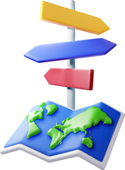 3D folded world map and signpost with directions