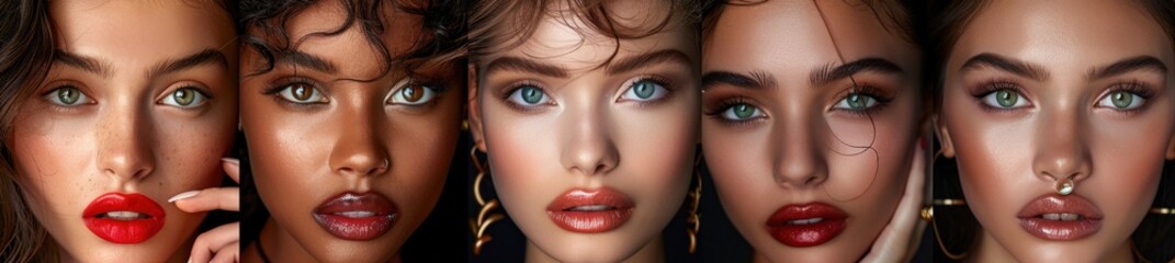 Fototapeta premium Beautiful collage of sexy bright makeup emotional women with bright lips and effect eyes Closeup