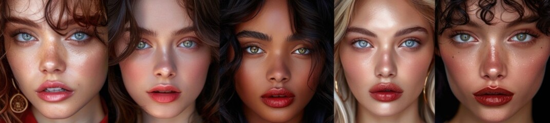 Beautiful collage of sexy bright makeup emotional women with bright lips and effect eyes Closeup