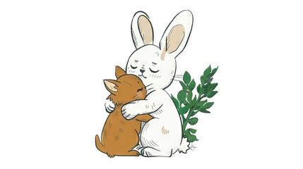   A white rabbit hugging a brown cat in front of a leafy plant with its eyes closed