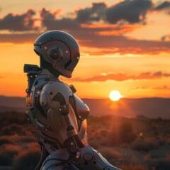 A humanoid robot is outdoors, enjoying the sunset like a cyborg.