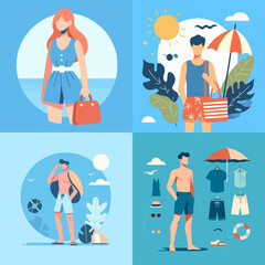 collection of people in summertime. flat vector illustration