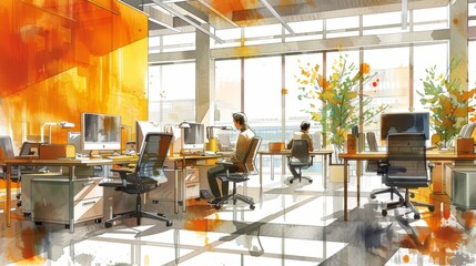 An illustration of a modern office space with large windows, orange accents, and people working at their desks.
