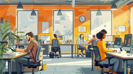 An illustration of a busy office space with people working at their desks. The room is decorated with plants and artwork, and there is a large clock on the wall.