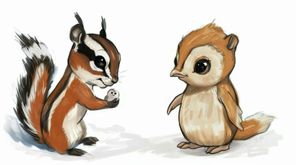   A squirrel drawing of two squirrels facing each other on a white background