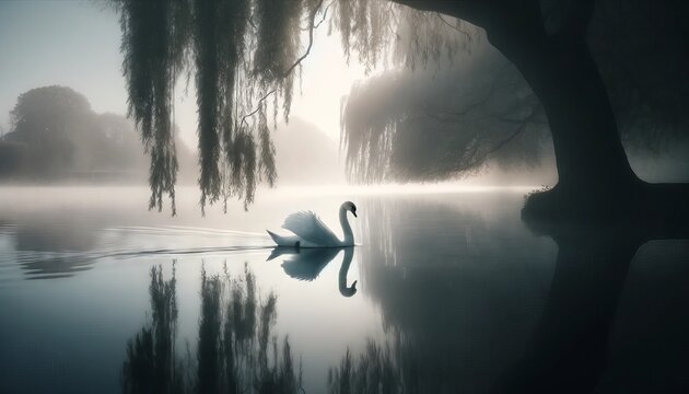 A lone swan gliding on a misty lake with soft-focus weeping willow branches framing the scene, captured at the tranquil break of dawn.