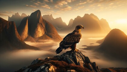 A majestic eagle perched on a rugged cliff with soft-focus mountains shrouded in mist in the...