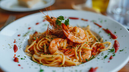 Plate of tasty pasta with shrimps closeup