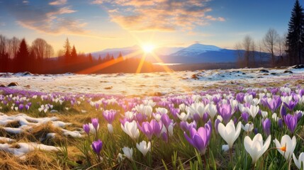 Beautiful panorama of blooming spring meadow landscape, with spring knot flowers, snowdrop and crocus, illuminated by the morning sun
