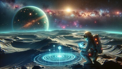 A solo astronaut mapping the surface of a newly discovered planet, with a high-tech holographic map hovering above a handheld device.
